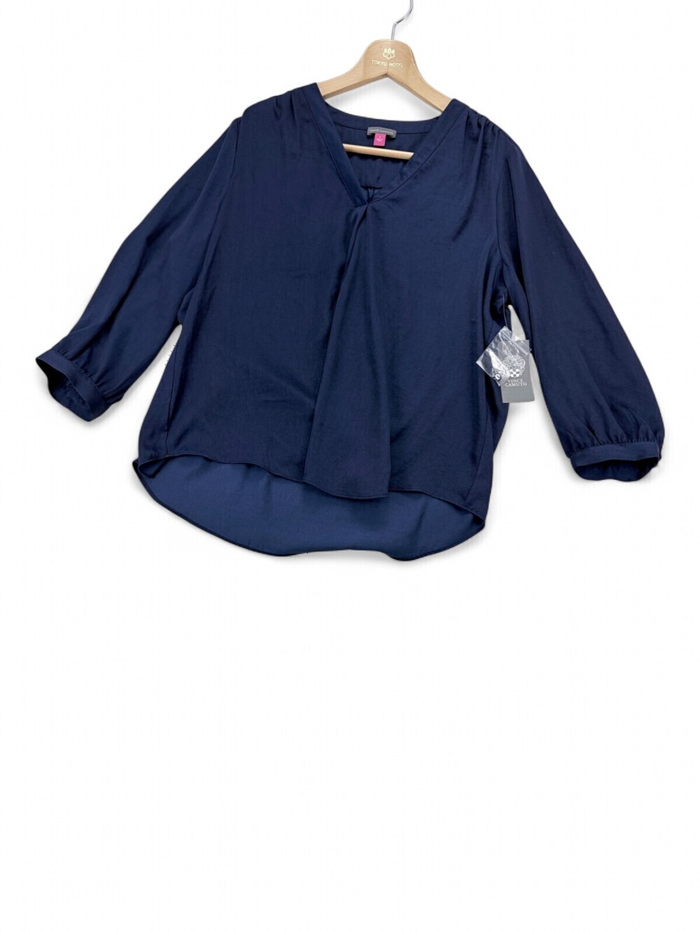 Vince Camuto L Navy V-Neck Long Sleeve Blouse Button Cuffs NWT
